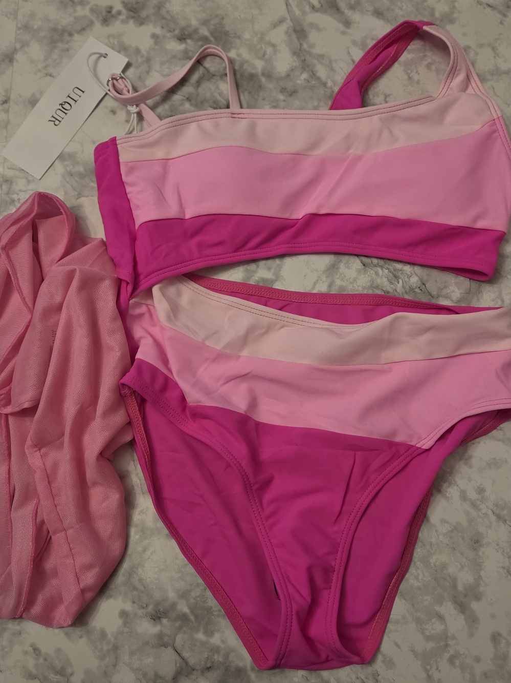 Girls Pink Swimsuit One Piece Bathing Suit with Mesh Cover Up 11-12 Years